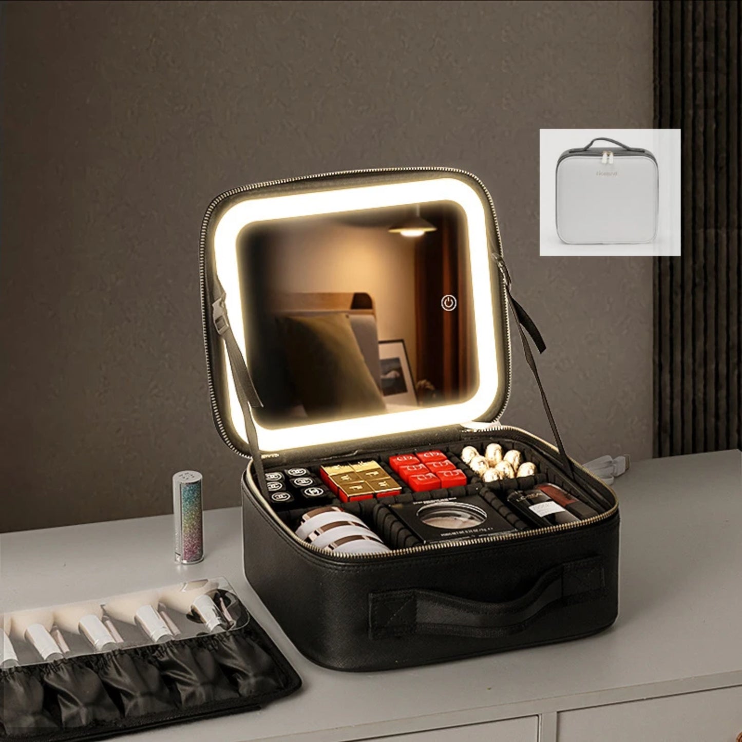Estuche de maquillaje con espejo y luz LED