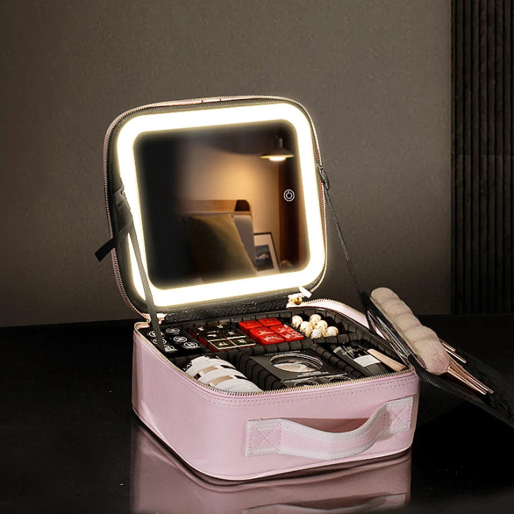 Estuche de maquillaje con espejo y luz LED